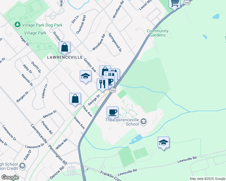 map of restaurants, bars, coffee shops, grocery stores, and more near Main Street in Lawrence Township