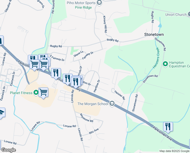 map of restaurants, bars, coffee shops, grocery stores, and more near 106 Hartline Drive in Reading