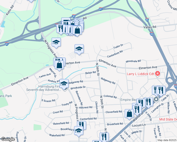 map of restaurants, bars, coffee shops, grocery stores, and more near 3508 Belair Road in Harrisburg