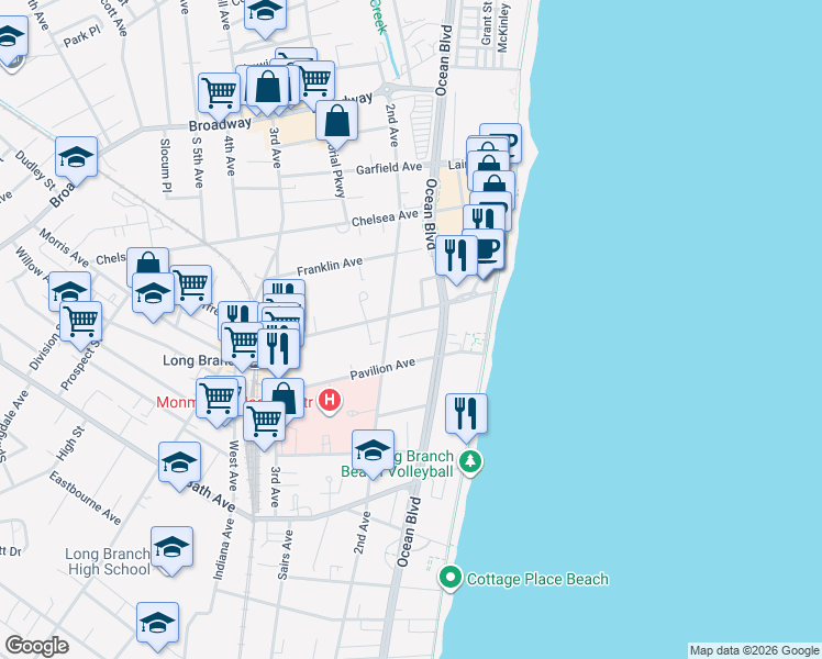 map of restaurants, bars, coffee shops, grocery stores, and more near 66 Court Street in Long Branch