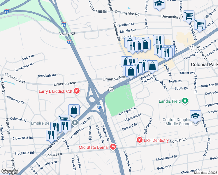 map of restaurants, bars, coffee shops, grocery stores, and more near 4216 Jonestown Road in Harrisburg