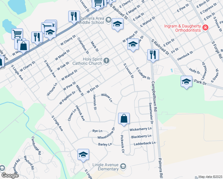 map of restaurants, bars, coffee shops, grocery stores, and more near 324 West Orchard Drive in Palmyra