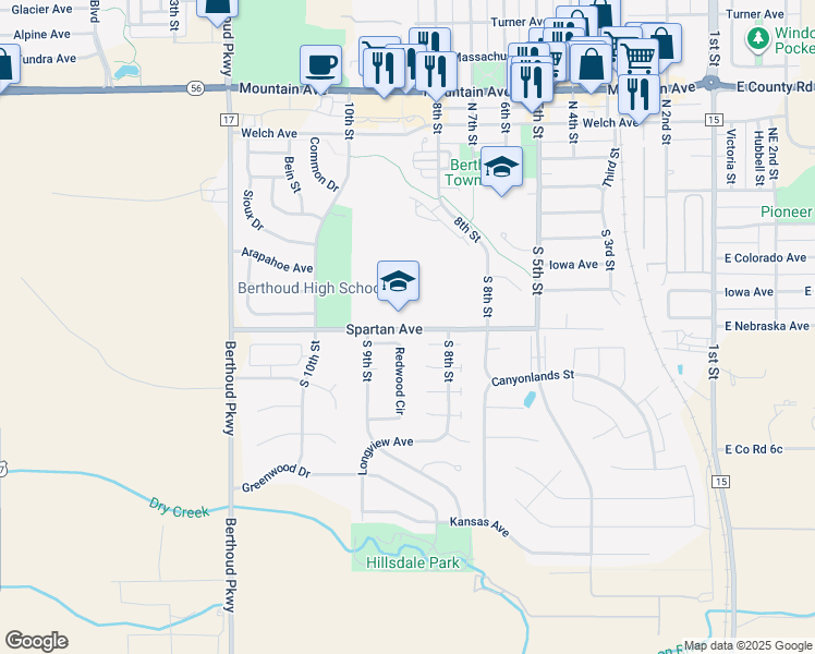 map of restaurants, bars, coffee shops, grocery stores, and more near 850 Spartan Avenue in Berthoud