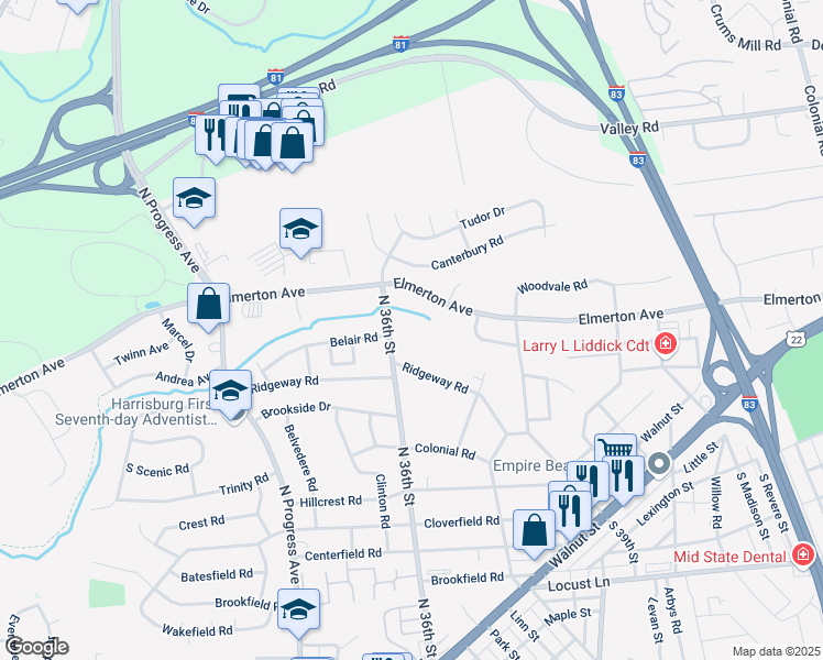 map of restaurants, bars, coffee shops, grocery stores, and more near 509 North 36th Street in Harrisburg