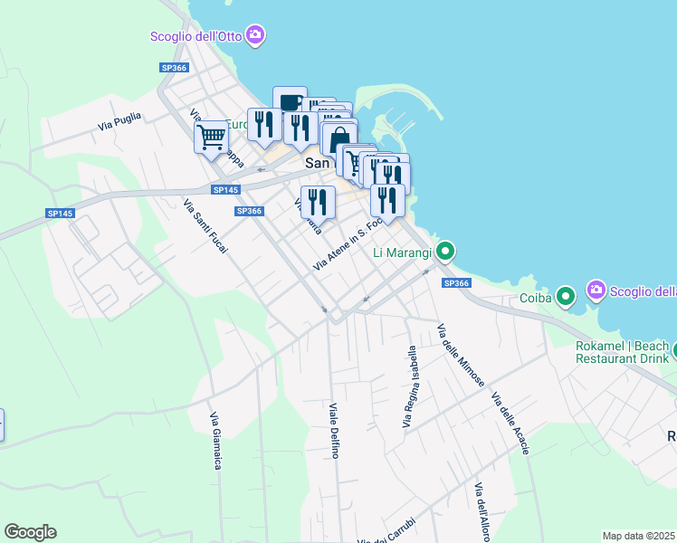 map of restaurants, bars, coffee shops, grocery stores, and more near Via Eolo in San Foca