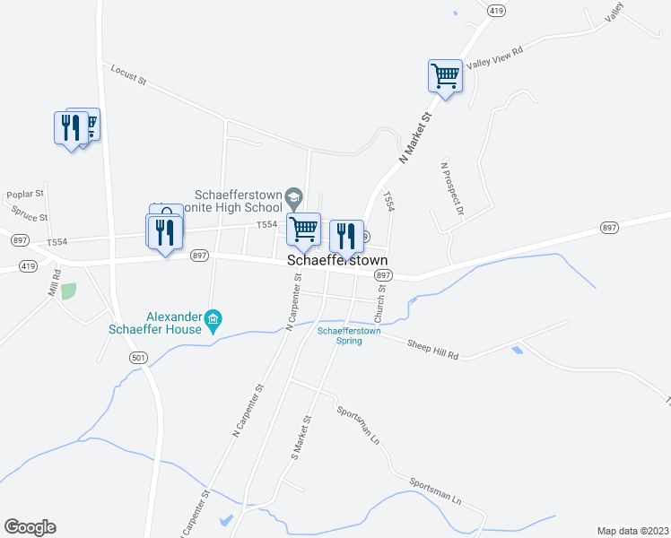 map of restaurants, bars, coffee shops, grocery stores, and more near Heidelberg Avenue in Schaefferstown
