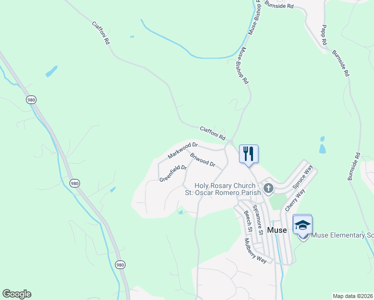 map of restaurants, bars, coffee shops, grocery stores, and more near 119 Briwood Dr in Canonsburg