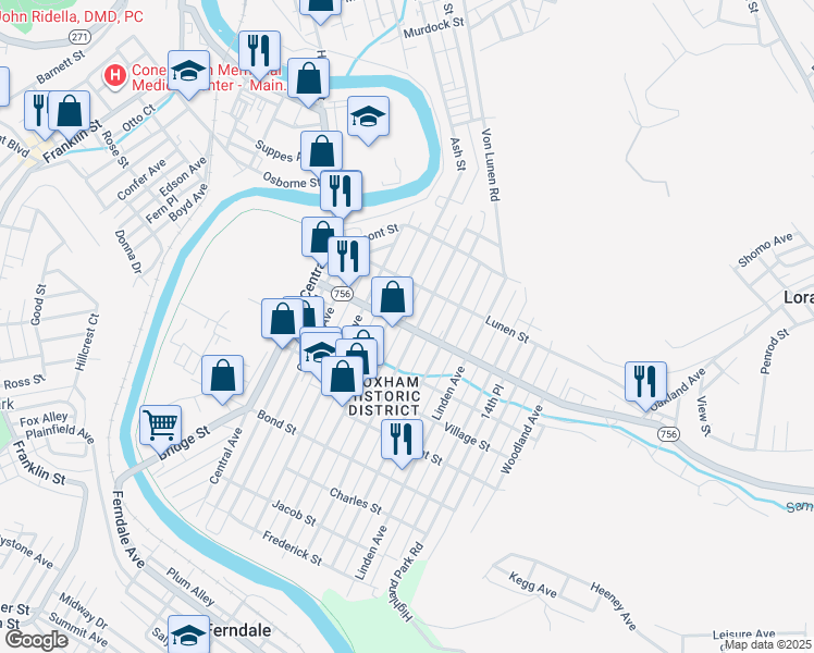 map of restaurants, bars, coffee shops, grocery stores, and more near 202 Ohio Street in Johnstown