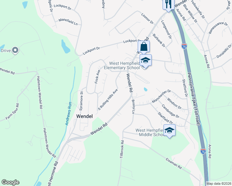 map of restaurants, bars, coffee shops, grocery stores, and more near 23 South Rolling Hills Avenue in Irwin