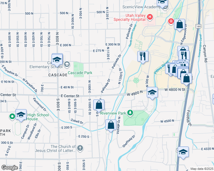 map of restaurants, bars, coffee shops, grocery stores, and more near 1122 East 40 North Street in Orem