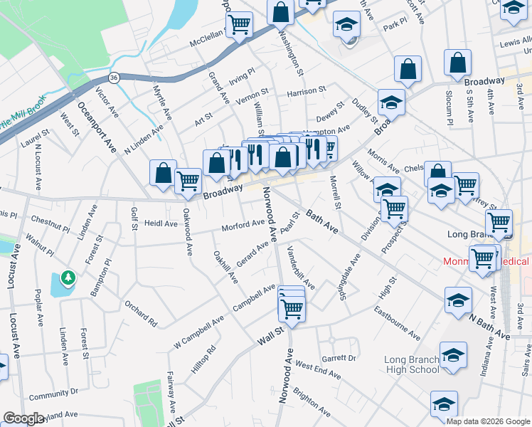 map of restaurants, bars, coffee shops, grocery stores, and more near 63 Norwood Avenue in Long Branch