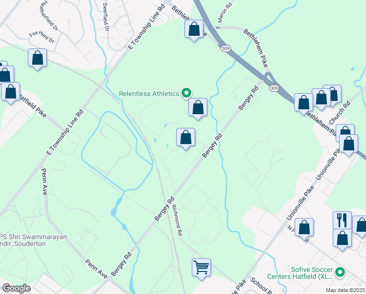 map of restaurants, bars, coffee shops, grocery stores, and more near 2880 Bergey Road in Hatfield