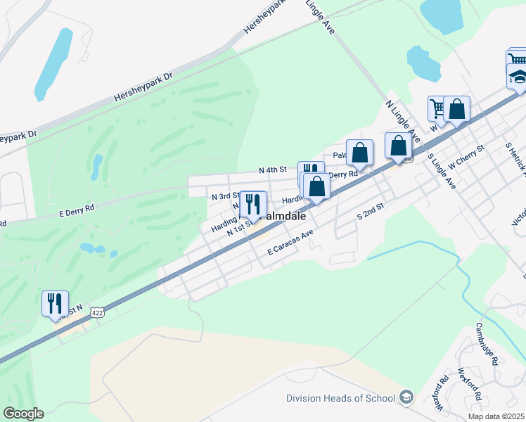 map of restaurants, bars, coffee shops, grocery stores, and more near 1342 Harding Avenue in Hershey