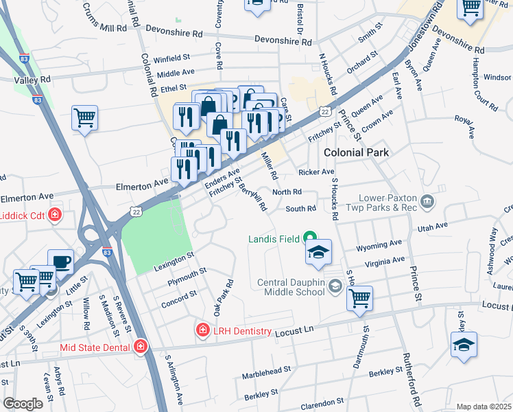 map of restaurants, bars, coffee shops, grocery stores, and more near 306 Berryhill Road in Harrisburg