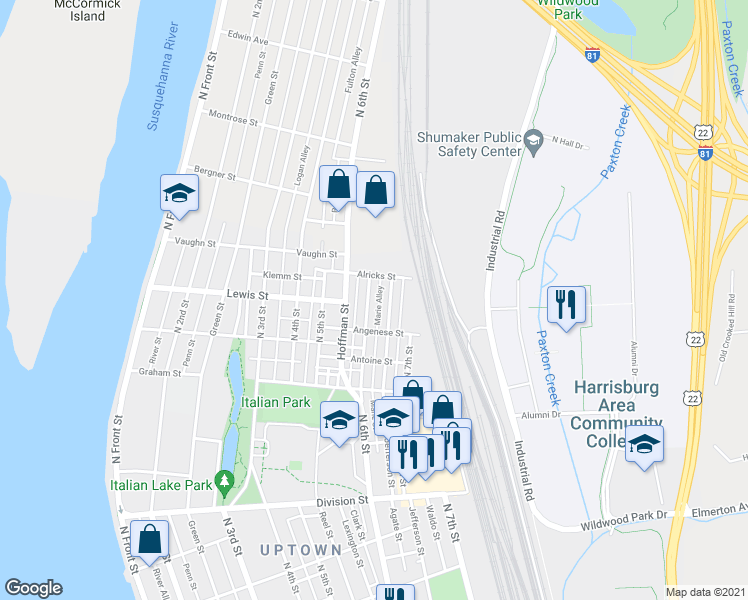 map of restaurants, bars, coffee shops, grocery stores, and more near 3152 Pennwood Road in Harrisburg