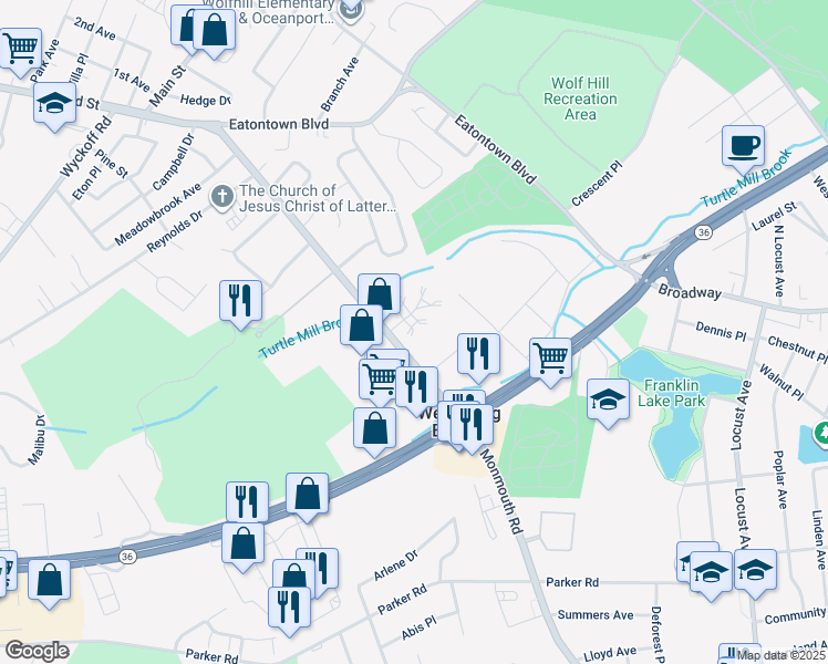 map of restaurants, bars, coffee shops, grocery stores, and more near 55 Hialeah in West Long Branch