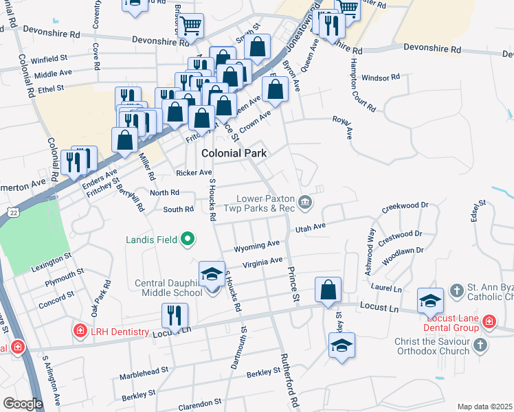 map of restaurants, bars, coffee shops, grocery stores, and more near 4719 Ruth Ann Street in Harrisburg