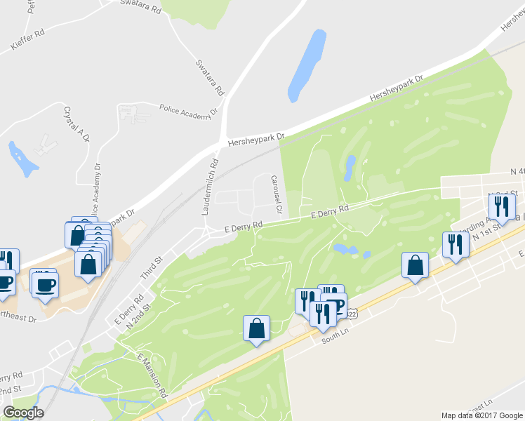 map of restaurants, bars, coffee shops, grocery stores, and more near 712 Ferris Way in Hershey