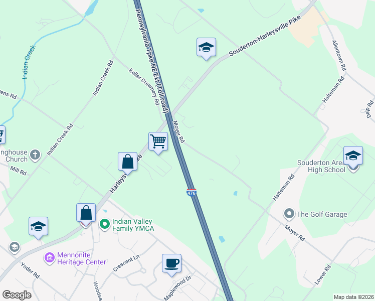 map of restaurants, bars, coffee shops, grocery stores, and more near 620 Moyer Road in Souderton