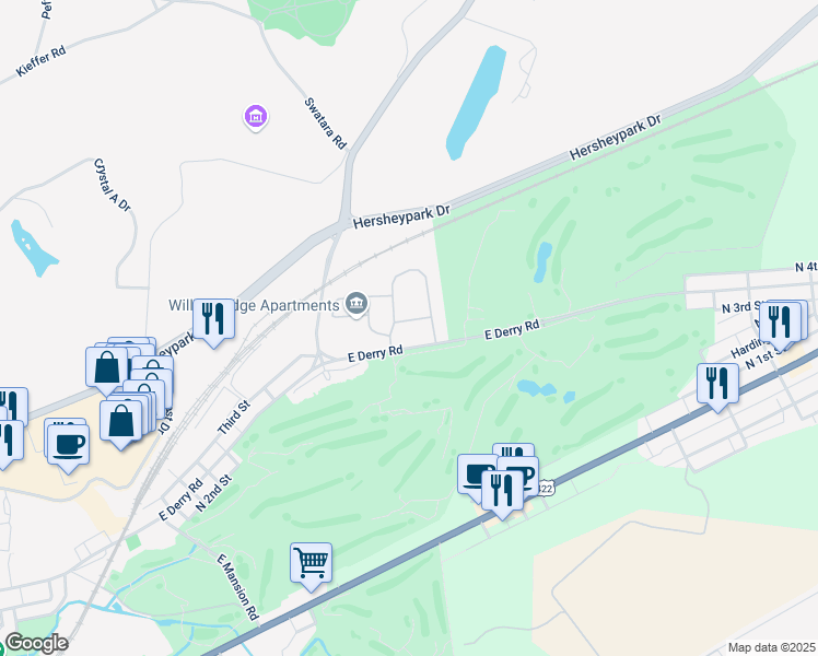 map of restaurants, bars, coffee shops, grocery stores, and more near 25 Carousel Circle in Hershey