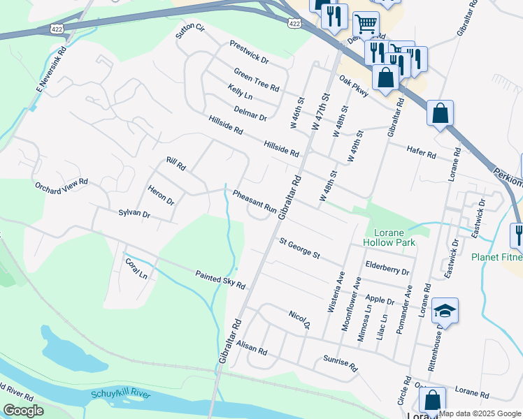 map of restaurants, bars, coffee shops, grocery stores, and more near 4690 Pheasant Run in Reading