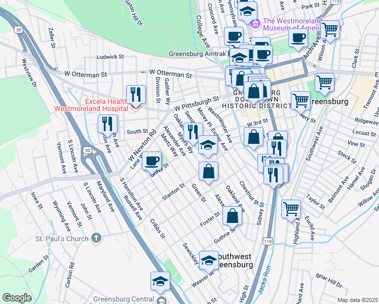 map of restaurants, bars, coffee shops, grocery stores, and more near 316 Alexander Avenue in Greensburg