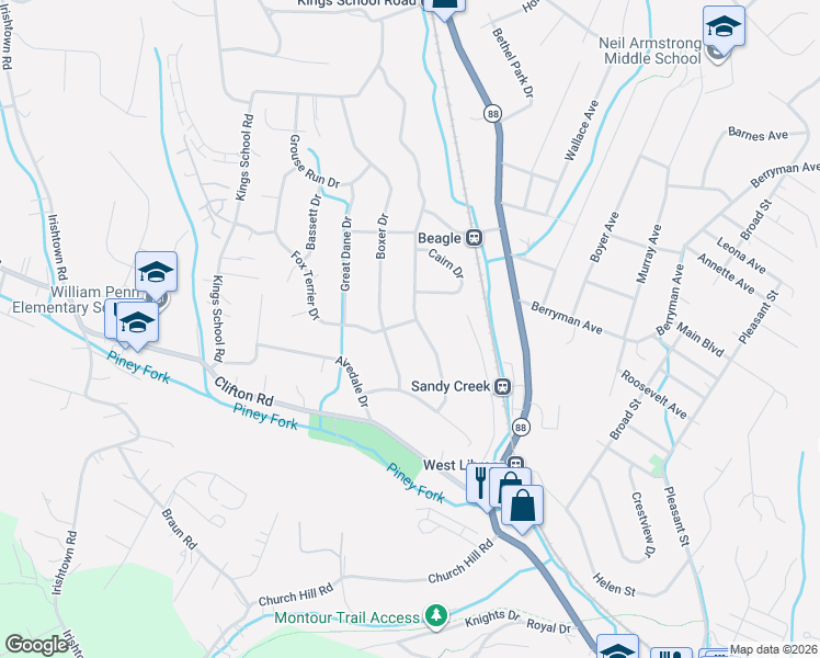 map of restaurants, bars, coffee shops, grocery stores, and more near 6177 Boxer Drive in Bethel Park