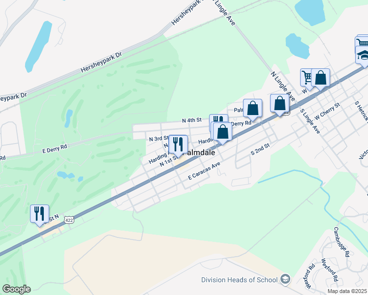 map of restaurants, bars, coffee shops, grocery stores, and more near 1342 Harding Avenue in Hershey