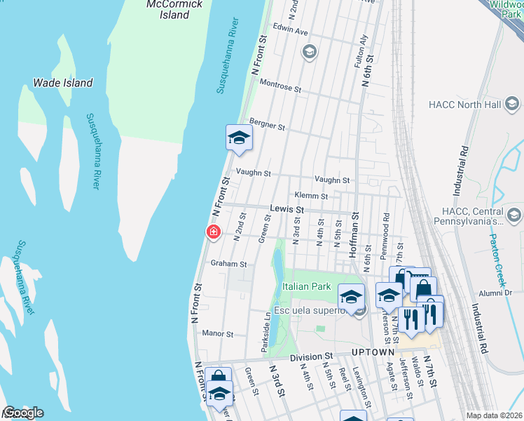 map of restaurants, bars, coffee shops, grocery stores, and more near 3110 Green Street in Harrisburg