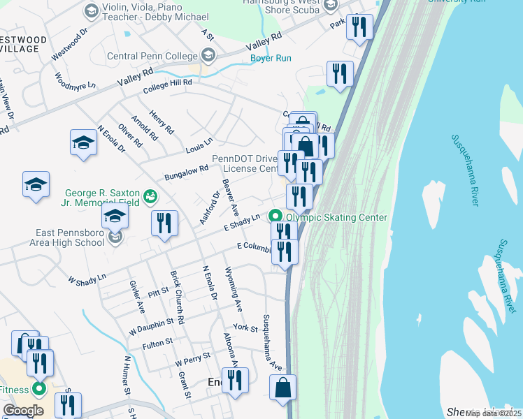 map of restaurants, bars, coffee shops, grocery stores, and more near 90 East Shady Lane in Enola