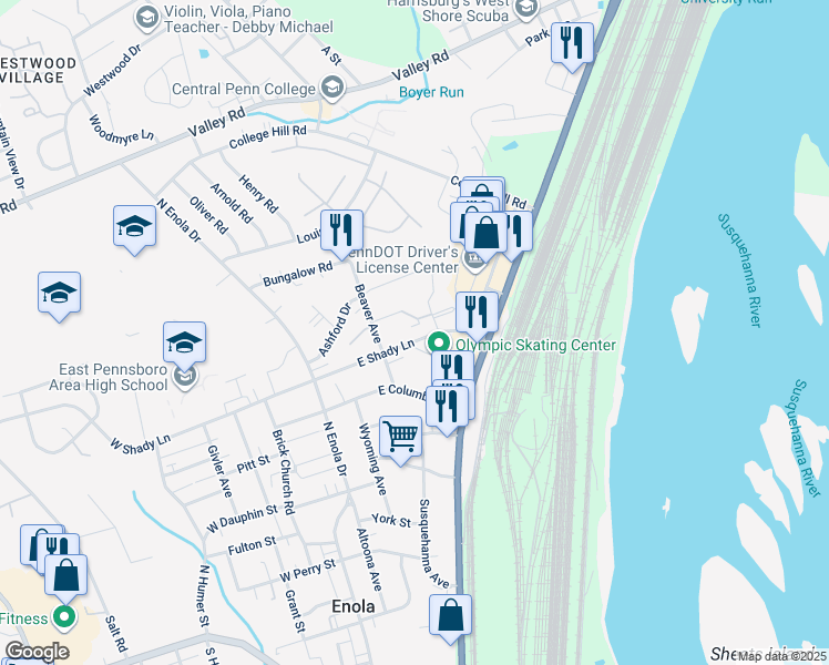 map of restaurants, bars, coffee shops, grocery stores, and more near 90 East Shady Lane in Enola