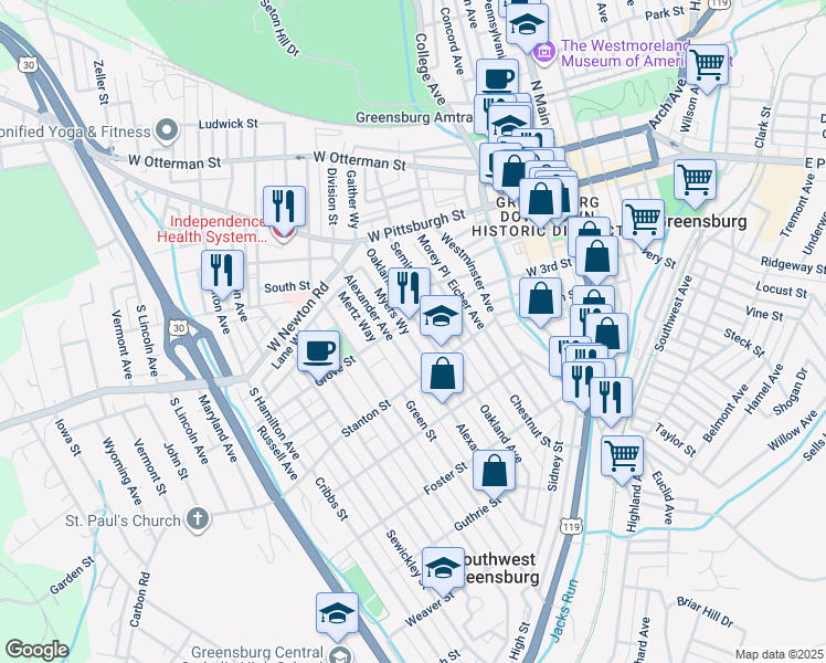map of restaurants, bars, coffee shops, grocery stores, and more near 324 Oakland Avenue in Greensburg