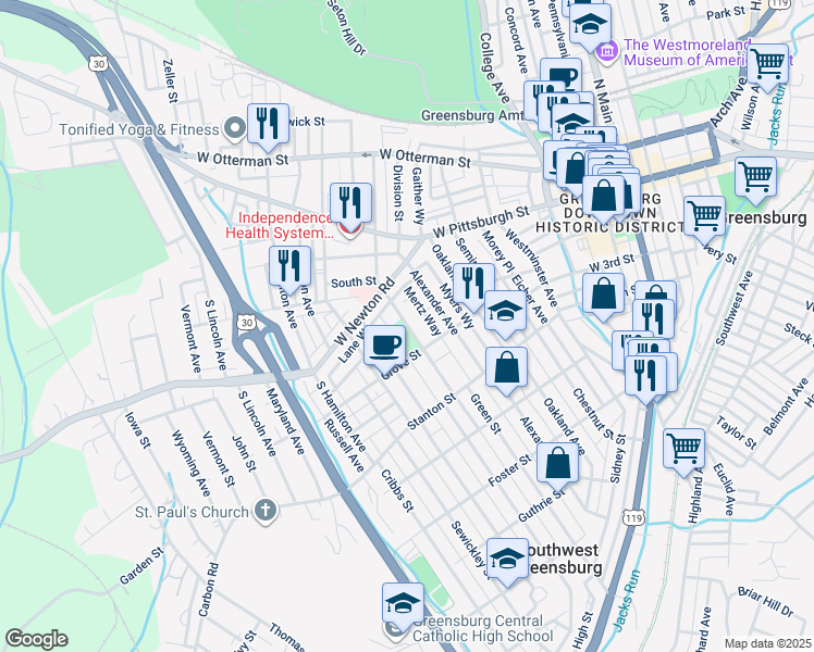 map of restaurants, bars, coffee shops, grocery stores, and more near 534 Grove Street in Greensburg