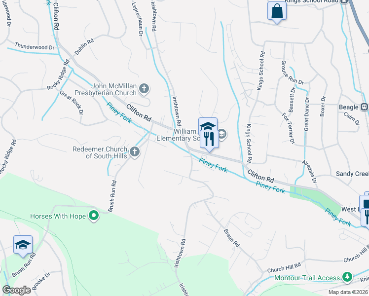 map of restaurants, bars, coffee shops, grocery stores, and more near 6144 Irishtown Road in Bethel Park