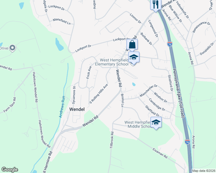 map of restaurants, bars, coffee shops, grocery stores, and more near 23 South Rolling Hills Avenue in Irwin