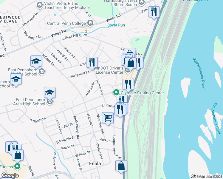 map of restaurants, bars, coffee shops, grocery stores, and more near 90 East Shady Lane in Enola