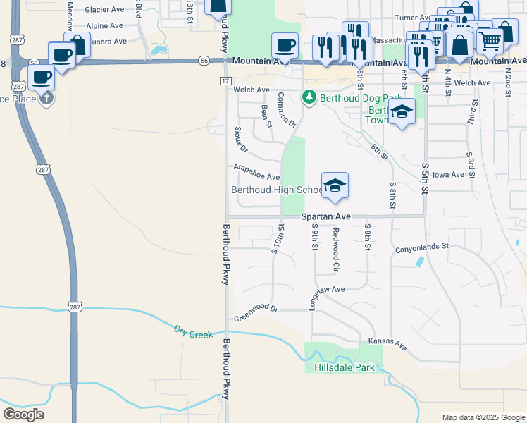 map of restaurants, bars, coffee shops, grocery stores, and more near 403 Cheyenne Drive in Berthoud
