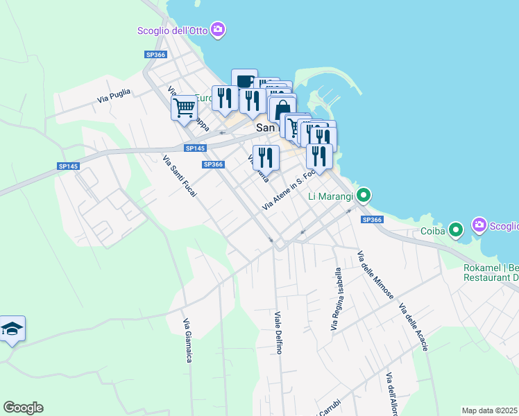 map of restaurants, bars, coffee shops, grocery stores, and more near 1 Via Tirana in San Foca