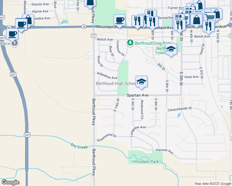 map of restaurants, bars, coffee shops, grocery stores, and more near 411 Cheyenne Drive in Berthoud