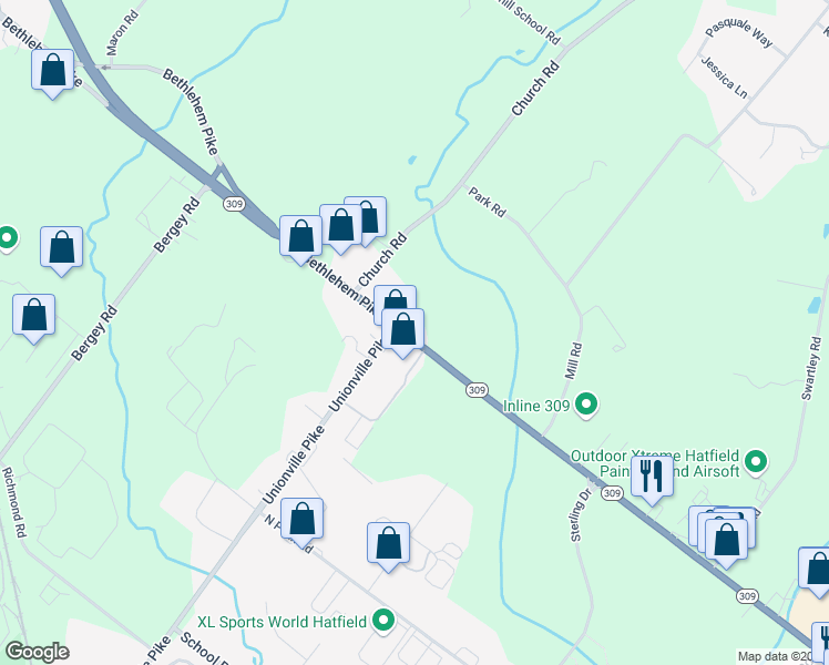 map of restaurants, bars, coffee shops, grocery stores, and more near 2343 Bethlehem Pike in Hatfield