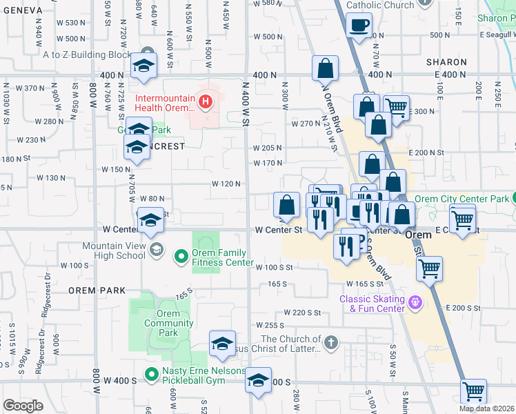 map of restaurants, bars, coffee shops, grocery stores, and more near 62 North 380 West in Orem