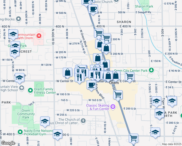map of restaurants, bars, coffee shops, grocery stores, and more near 40 North Orem Boulevard in Orem