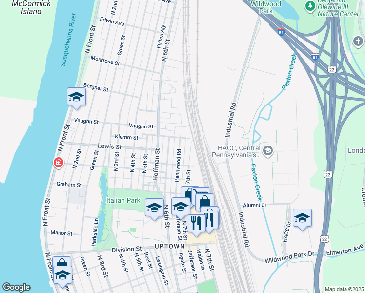map of restaurants, bars, coffee shops, grocery stores, and more near 3205 Pennwood Road in Harrisburg