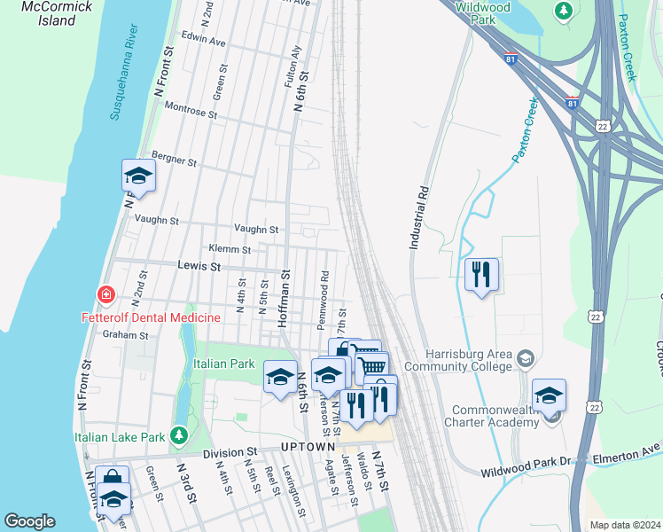 map of restaurants, bars, coffee shops, grocery stores, and more near 3205 Pennwood Road in Harrisburg