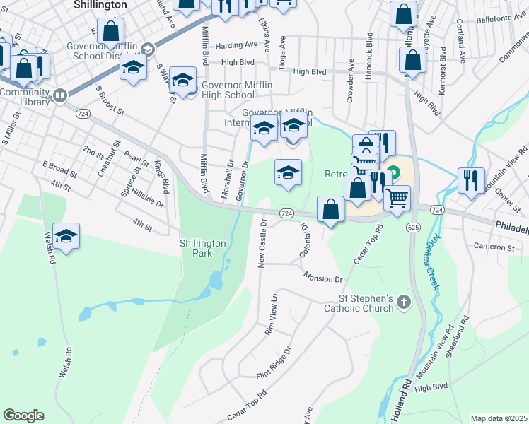 map of restaurants, bars, coffee shops, grocery stores, and more near Philadelphia Avenue in Shillington