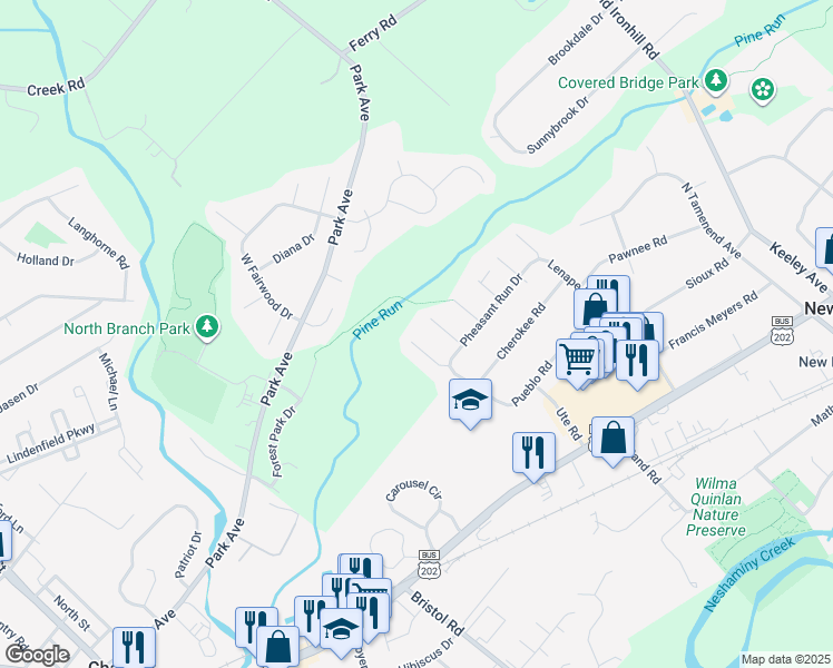 map of restaurants, bars, coffee shops, grocery stores, and more near 212 Mohegan Street in Doylestown