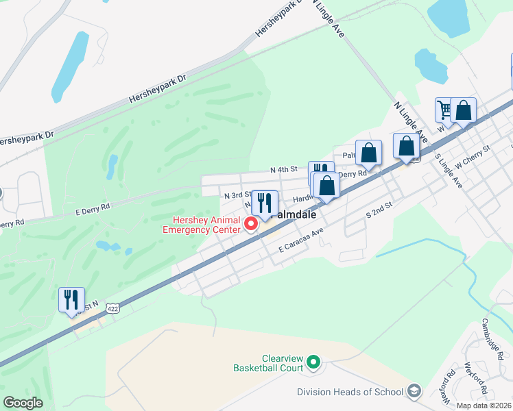 map of restaurants, bars, coffee shops, grocery stores, and more near 204 McKinley Avenue in Hershey
