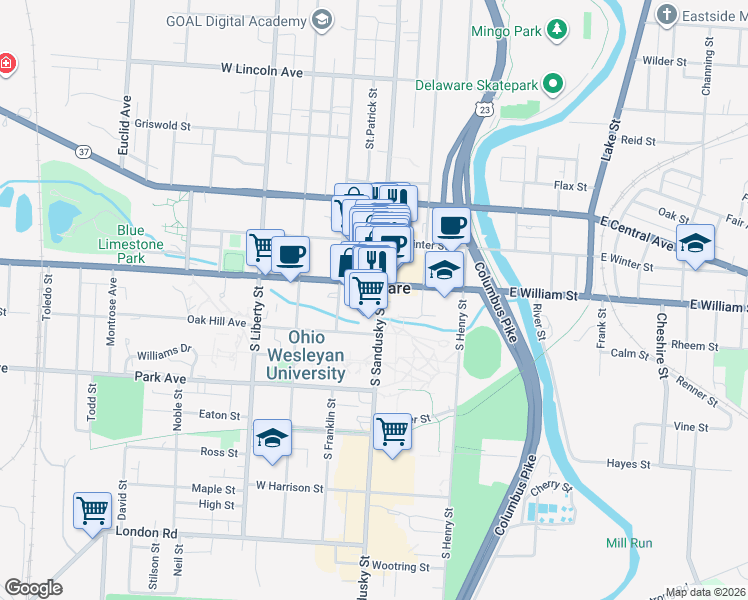 map of restaurants, bars, coffee shops, grocery stores, and more near 16 South Sandusky Street in Delaware