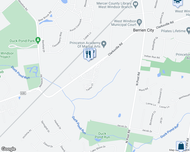 map of restaurants, bars, coffee shops, grocery stores, and more near 16757 Travis Court in West Windsor Township