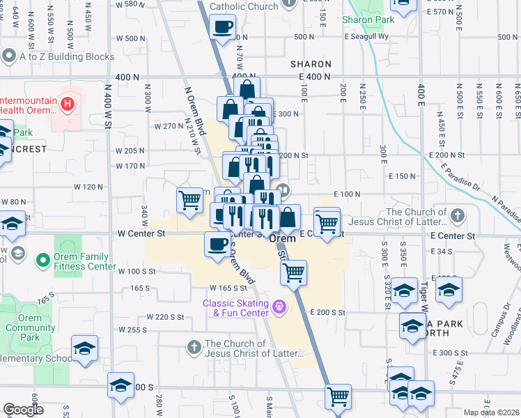map of restaurants, bars, coffee shops, grocery stores, and more near 77 State Street in Orem
